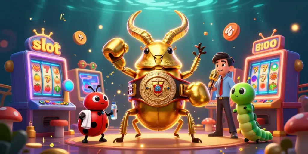 Permainan slot menggunakan simbol buah dan jackpot yang penuh warna dalam ilustrasi kasino yang dinamis.