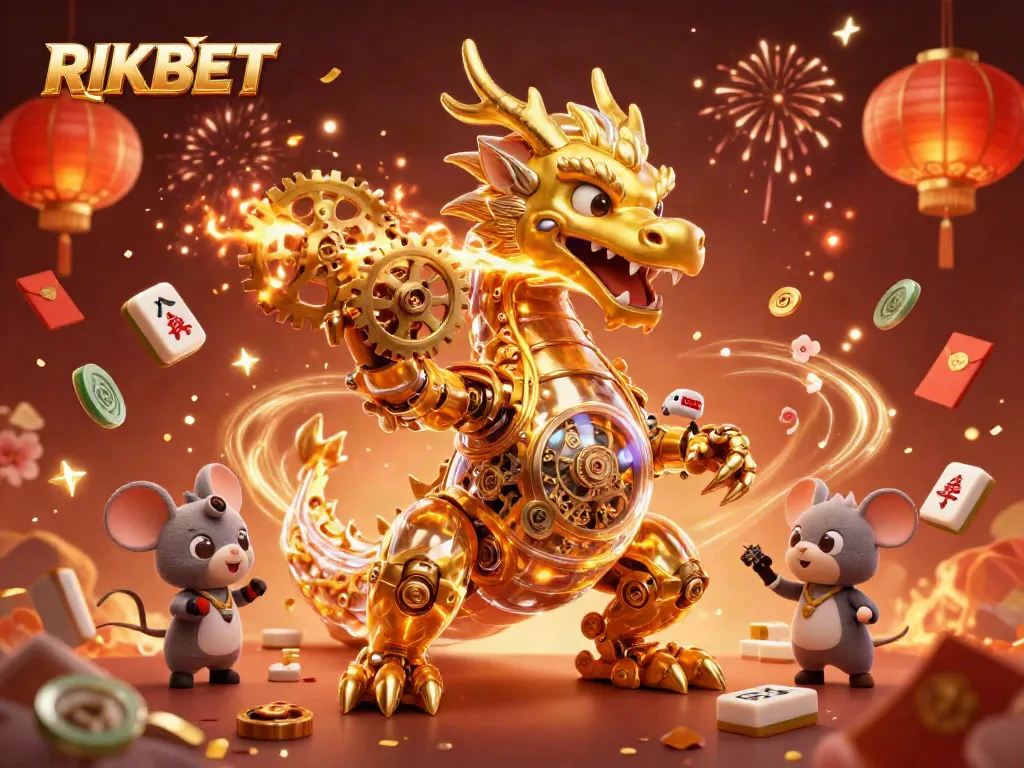 Experience thrilling gaming at RIKBET with a golden dragon breathing gears, vibrant casino elements, and festive confetti.