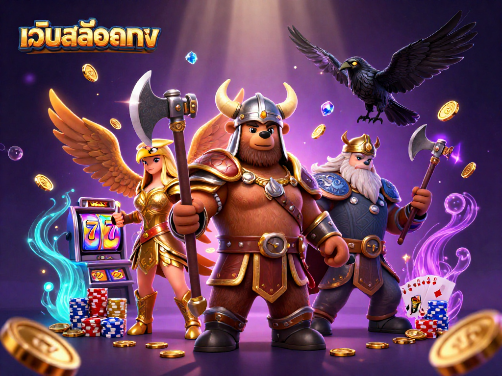 Engage in the thrill of เว็บสล็อตตรง with vibrant casino elements, showcasing cartoon characters and slot machines.
