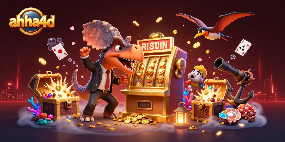 Experience thrilling wins with ahha4d, featuring a dynamic 3D scene of dinosaurs in action at a vibrant casino.