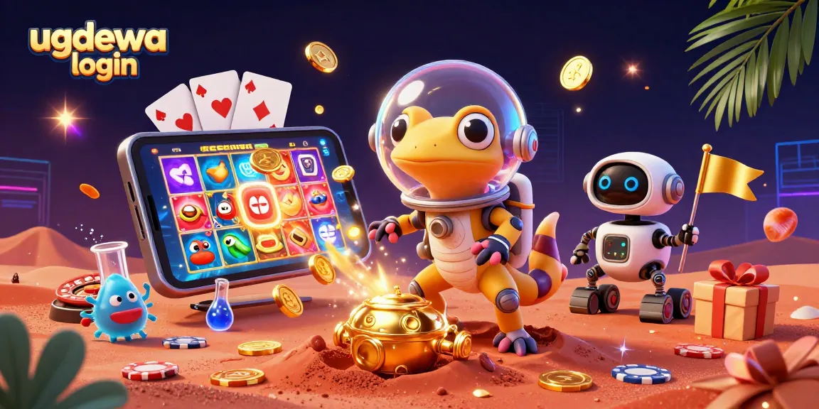 Experience the excitement of ugdewa login with a Martian gecko exploring a golden casino, showcasing vibrant casino elements.