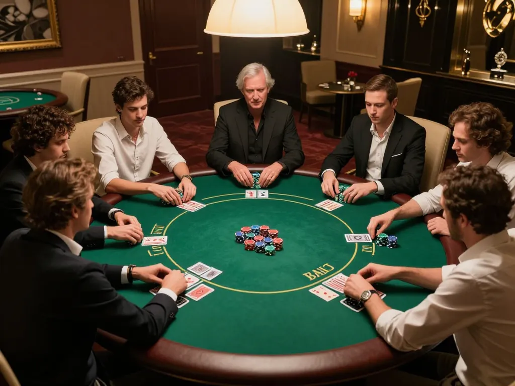 MPO08 SLOT poker players strategizing in an upscale casino environment with vibrant chips and cards.
