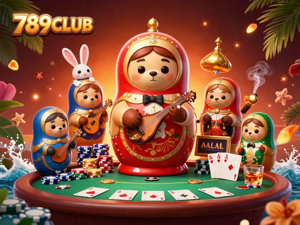 This playful scene of 789CLUB features unique casino characters like a Matryoshka bear and poker elements.