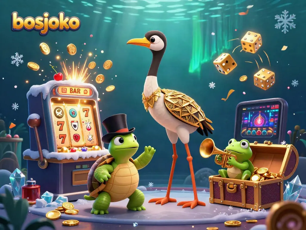 Experience the excitement of bosjoko with vibrant slot symbols, a lively scene featuring unique characters and dynamic casino elements.