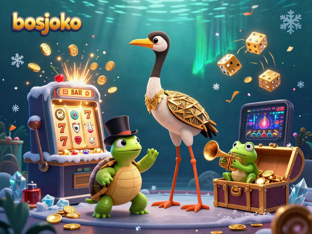 Experience the excitement of bosjoko with vibrant slot symbols, a lively scene featuring unique characters and dynamic casino elements.