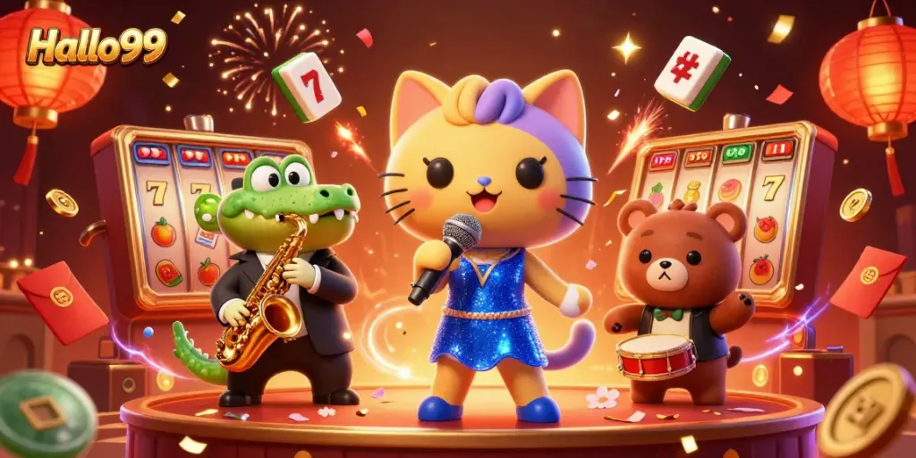 Experience thrilling gameplay at Halo99 with cartoon characters celebrating casino wins amidst vibrant slot symbols.