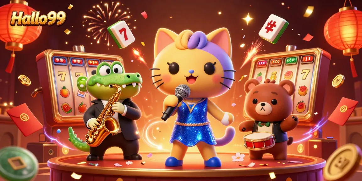 Experience thrilling gameplay at Halo99 with cartoon characters celebrating casino wins amidst vibrant slot symbols.