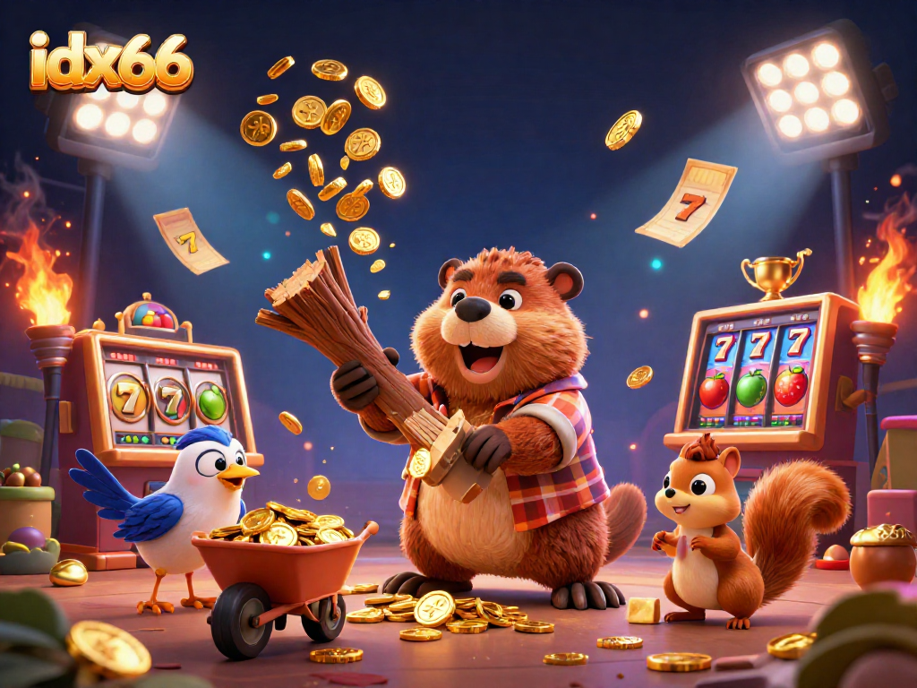 Kompetisi di idx66 dengan beaver pemotong kayu yang mengumpulkan koin emas di latar belakang kasino.