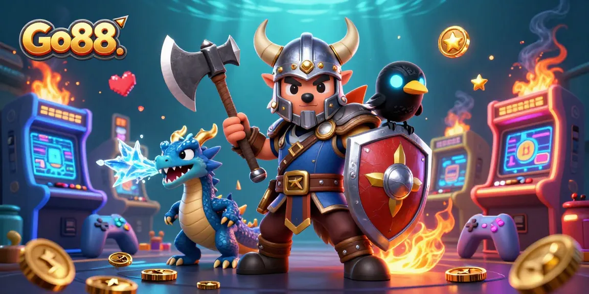 Engage in the exciting world of Go88. with a Viking wolf warrior, fierce dragon, and glowing game elements.