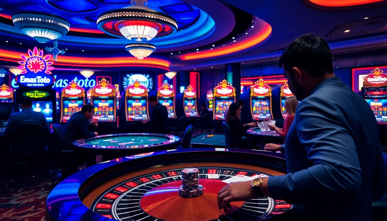 Experience the excitement of Emas Toto with dynamic casino imagery featuring roulette and poker elements.
