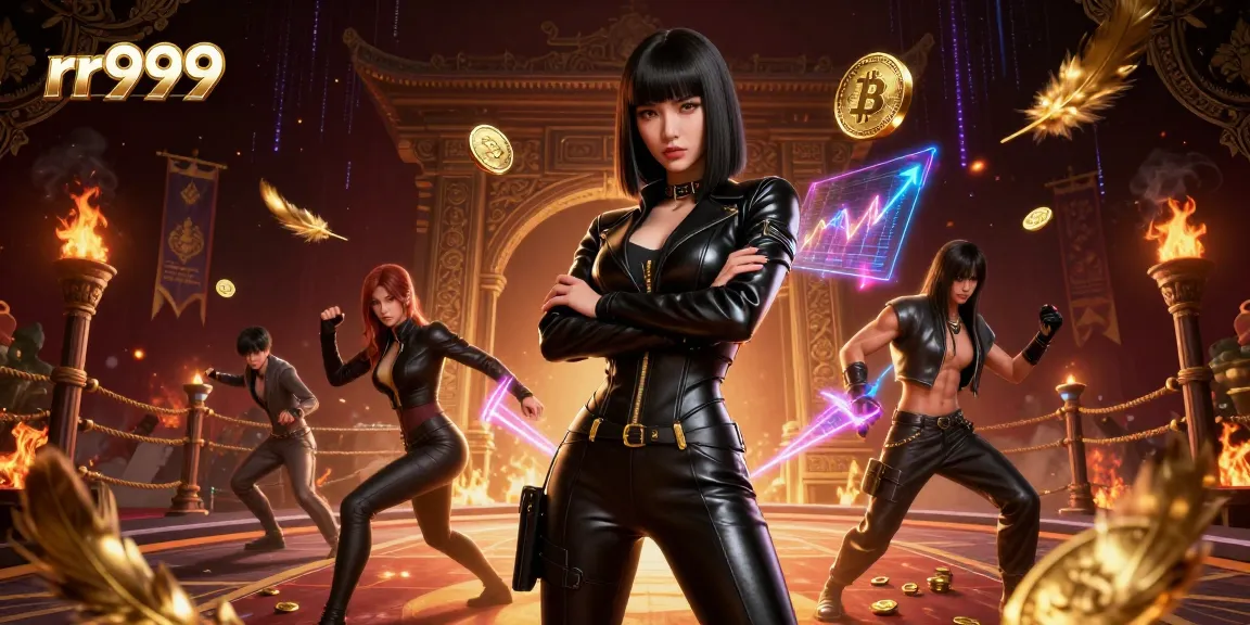Experience thrilling gameplay at rr999 with a stunning Asian woman showcasing golden coins and neon holograms.