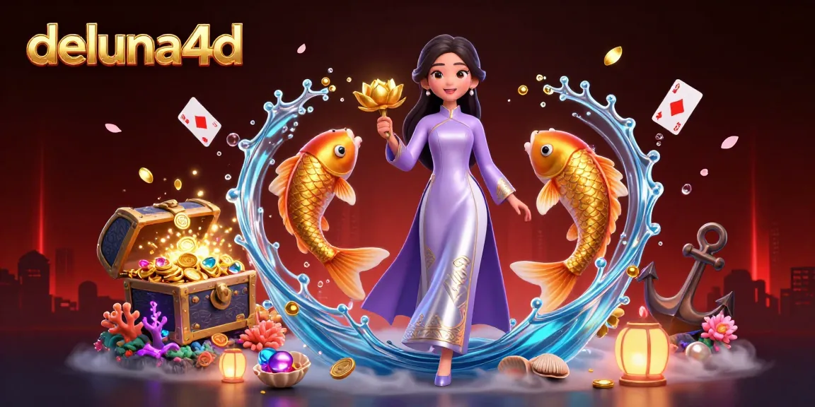 Experience thrilling gaming action at deluna4d, featuring stunning visuals of a serene woman and koi fish in a vibrant casino setting.