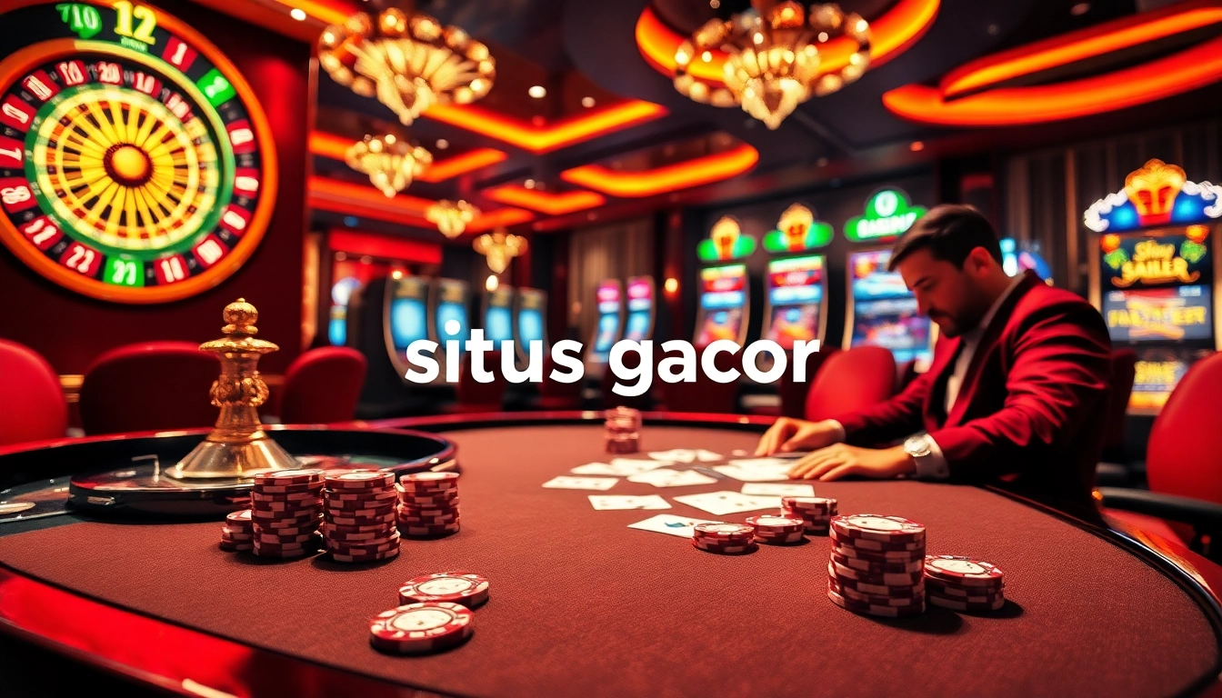 Adegan kasino Situs Gacor yang menampilkan chip poker, roda roulette, dan mesin slot yang berwarna-warni.