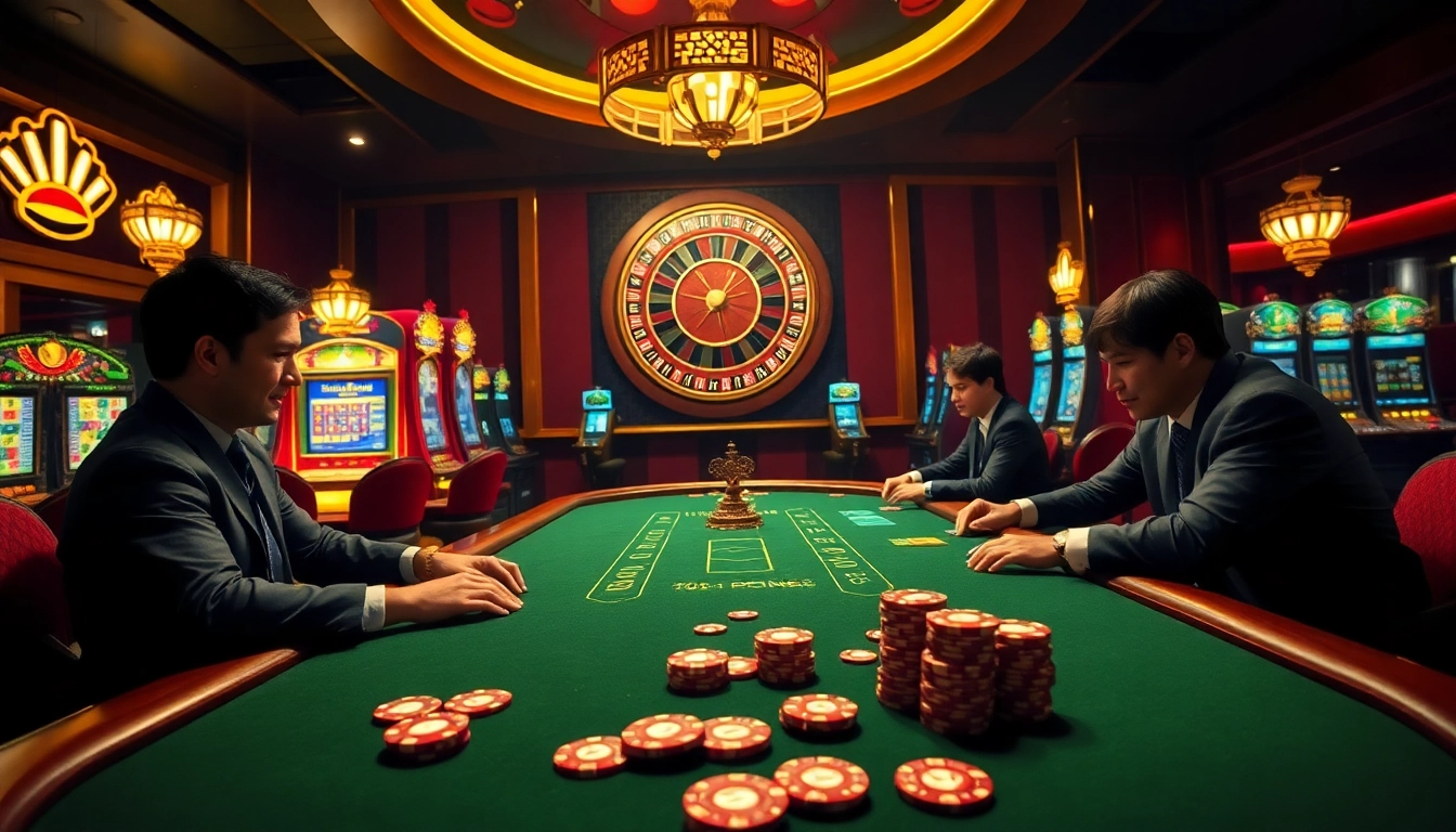Players strategizing at a high-stakes poker table while enjoying jagoan86's vibrant casino atmosphere.