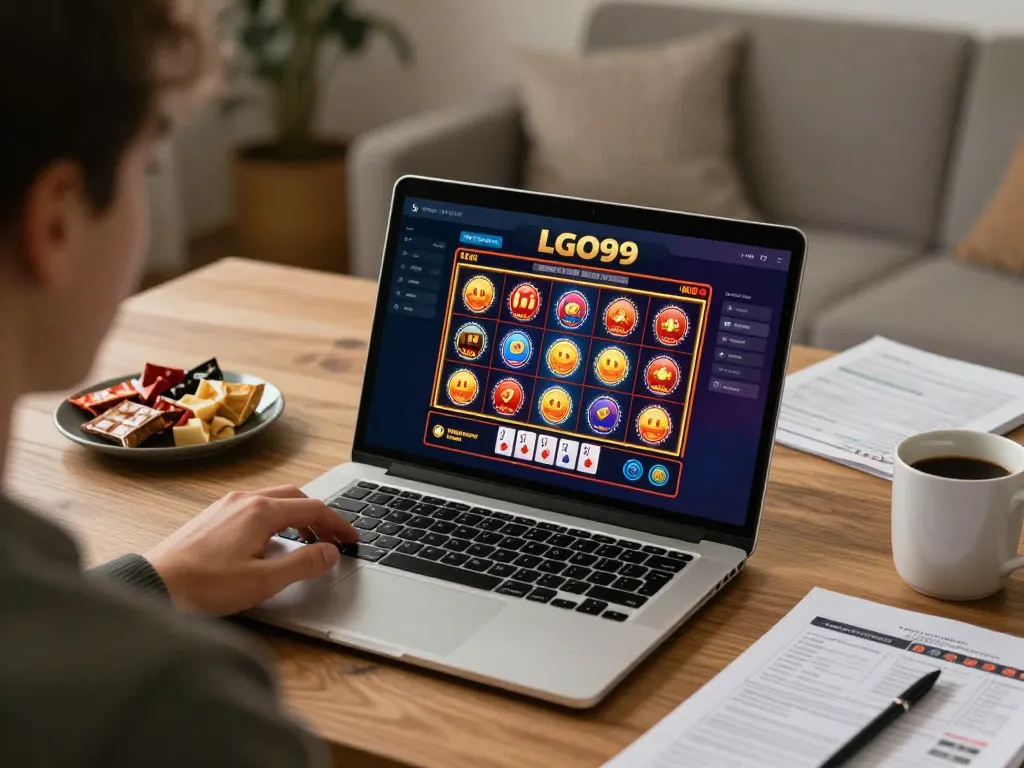 LGO99 player engaging with casino app on a laptop in a cozy home setup.