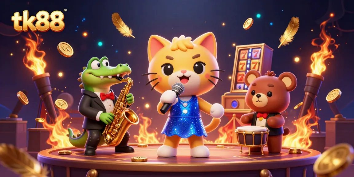 Experience excitement with tk88 in this vibrant 3D illustration featuring casino characters and dynamic gaming elements.