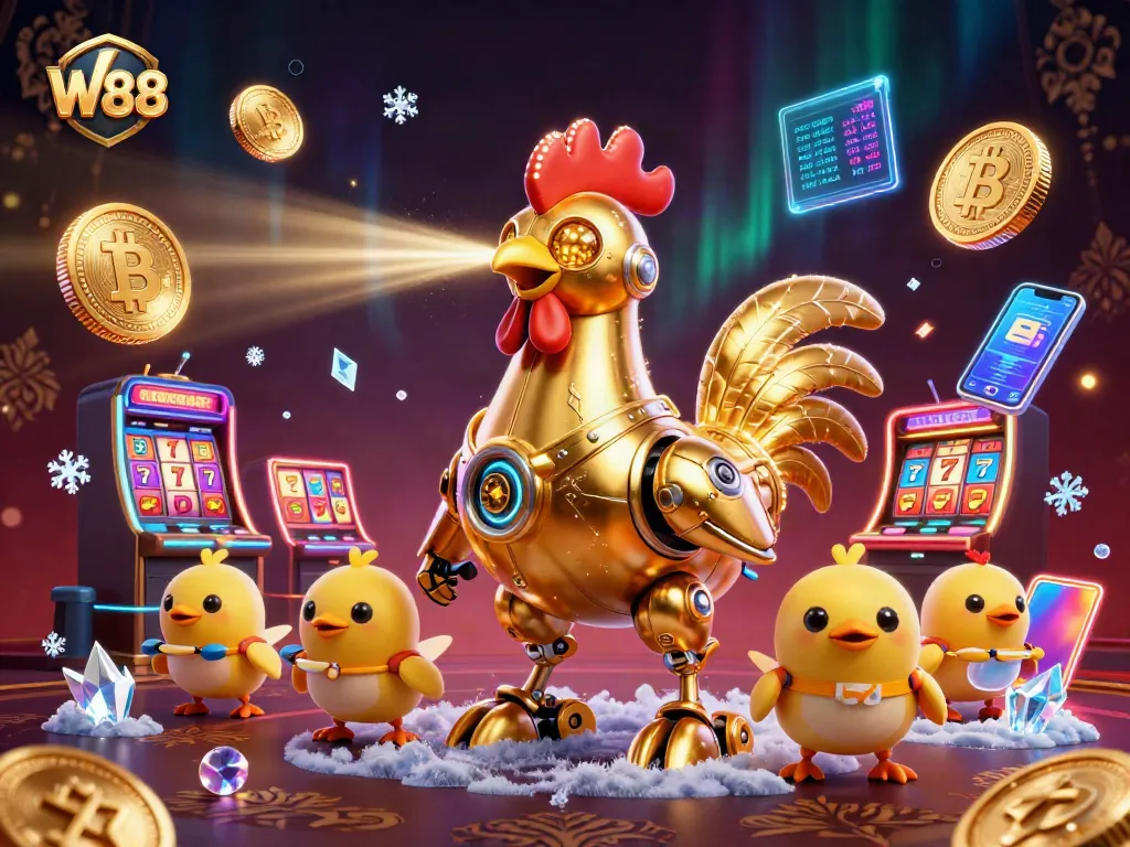 Engage with W88 in a vibrant casino scene filled with lucky symbols and crypto elements.