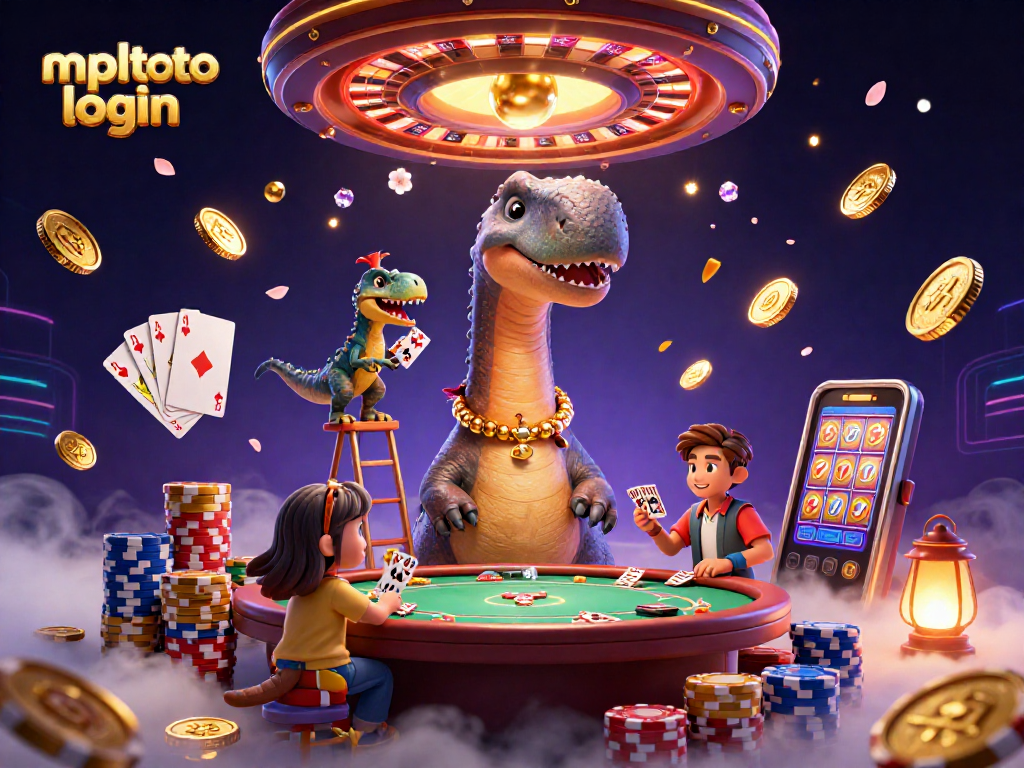 Mengakses mpltoto login dengan kartu royal flush, tumpukan chip poker, dan efek cahaya berkilau.