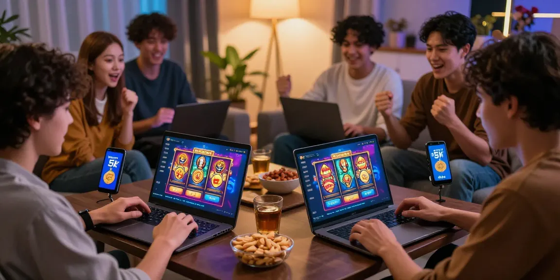 Slot depo 5k menampilkan pemain slot yang terlibat dengan antusias di ruang tamu yang nyaman, dikelilingi teman-teman dan camilan.
