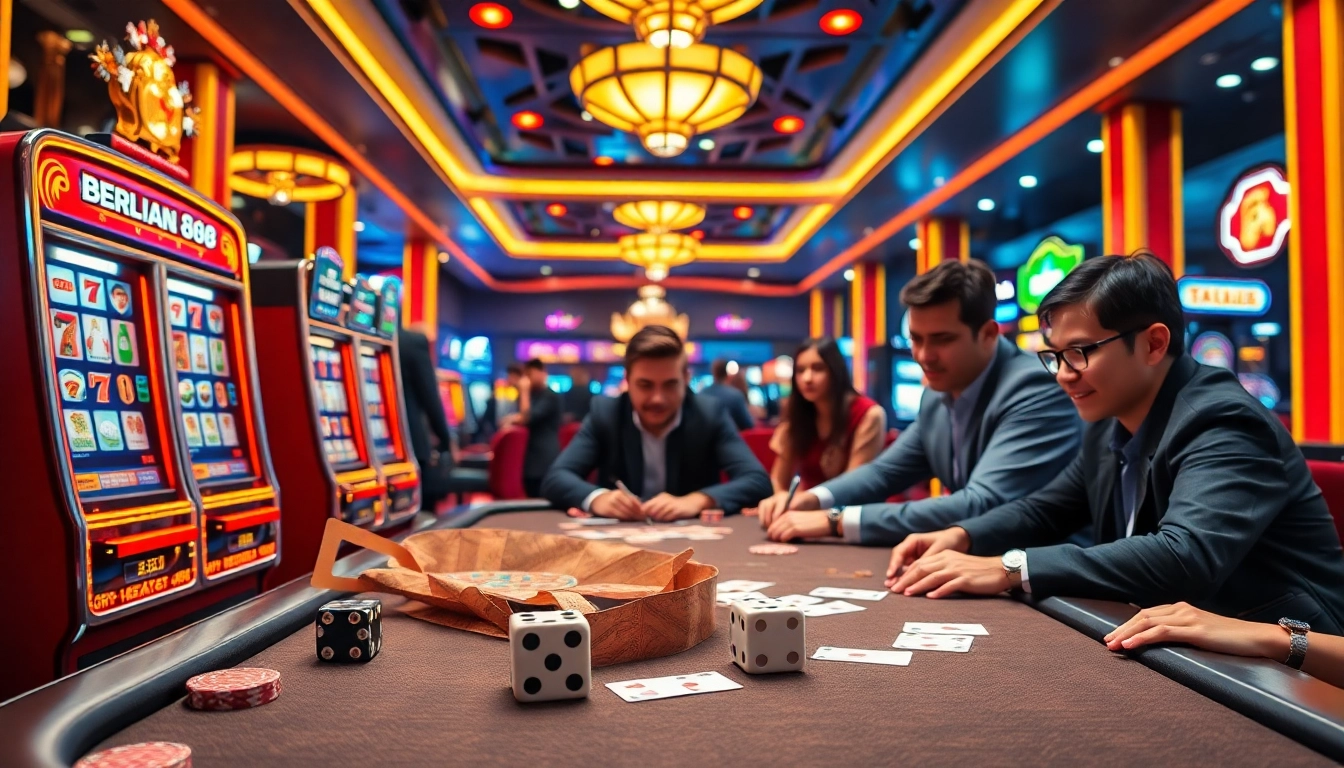Players celebrating jackpots at berlian888 casino with vibrant slot machines.