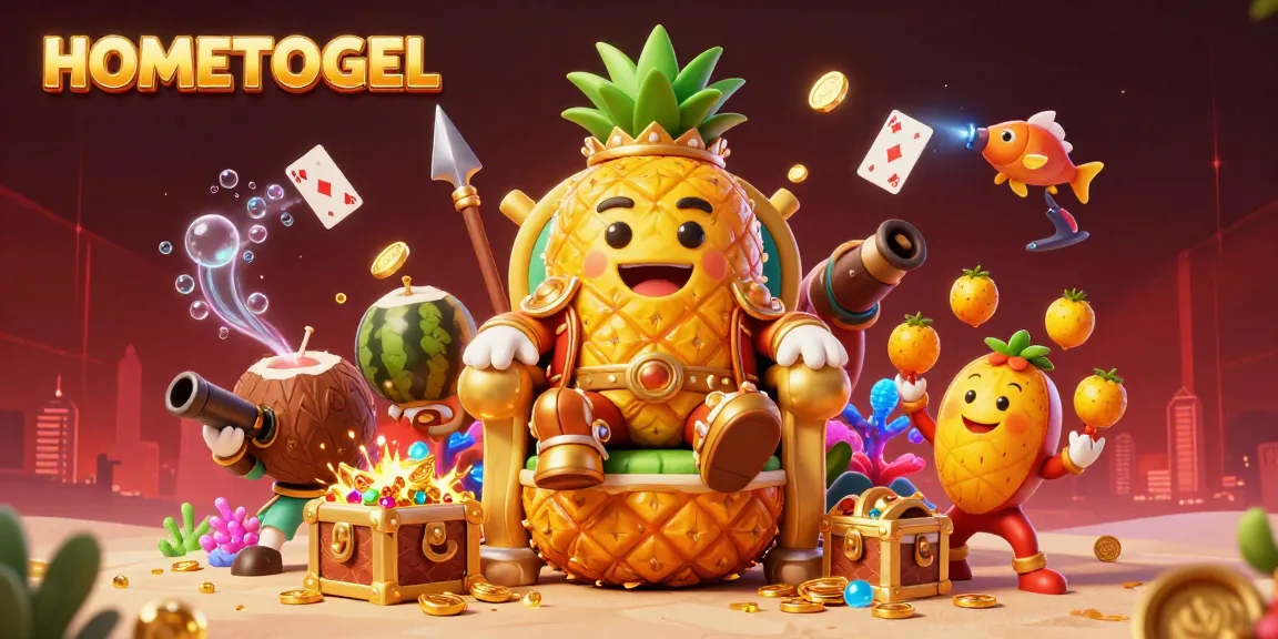 Engage with thrill and luck in HOMETOGEL's vibrant beach casino scene featuring golden characters and treasures.