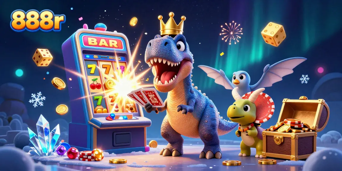 Capture the excitement at 888r with friendly dinosaur characters playing casino games, showcasing vibrant and dynamic scene.