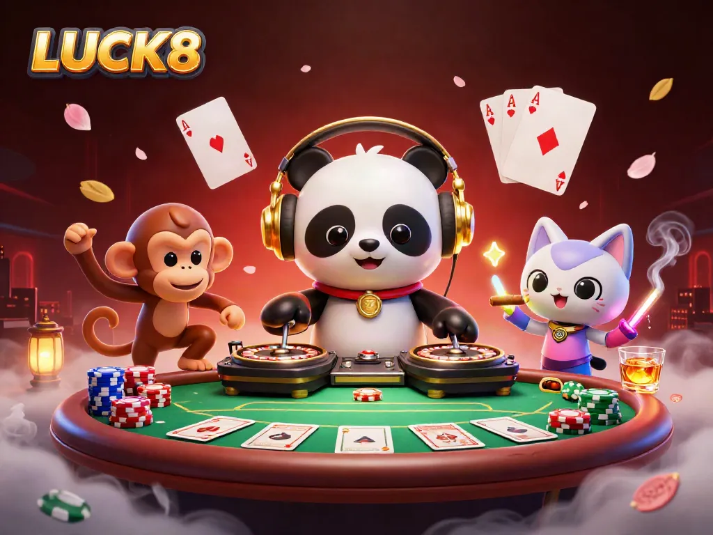 Experience the excitement at LUCK8 with vibrant 3D characters engaging in thrilling casino action.