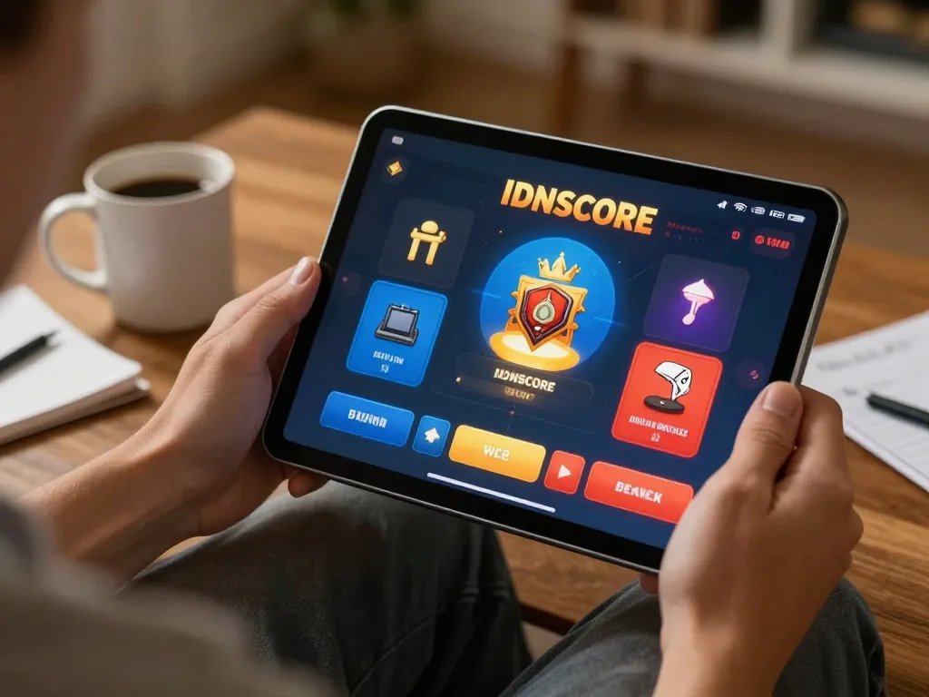 IDNSCORE player enjoying gameplay on tablet at home with strategy notes and cozy atmosphere.