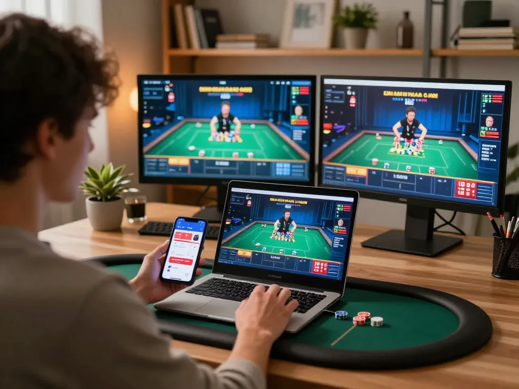 Engaging in LGOLUX LOGIN on high-stakes poker setup with strategic focus and modern decor