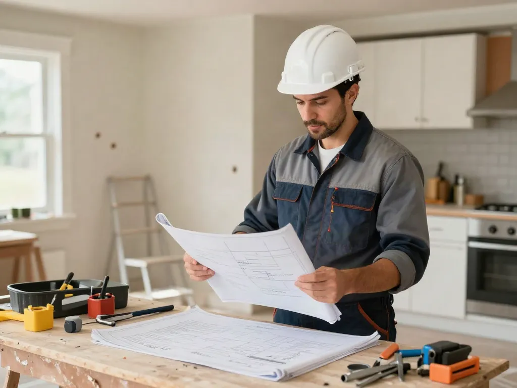 Local contractor reviewing plans for slot toto renovations at a home renovation site.