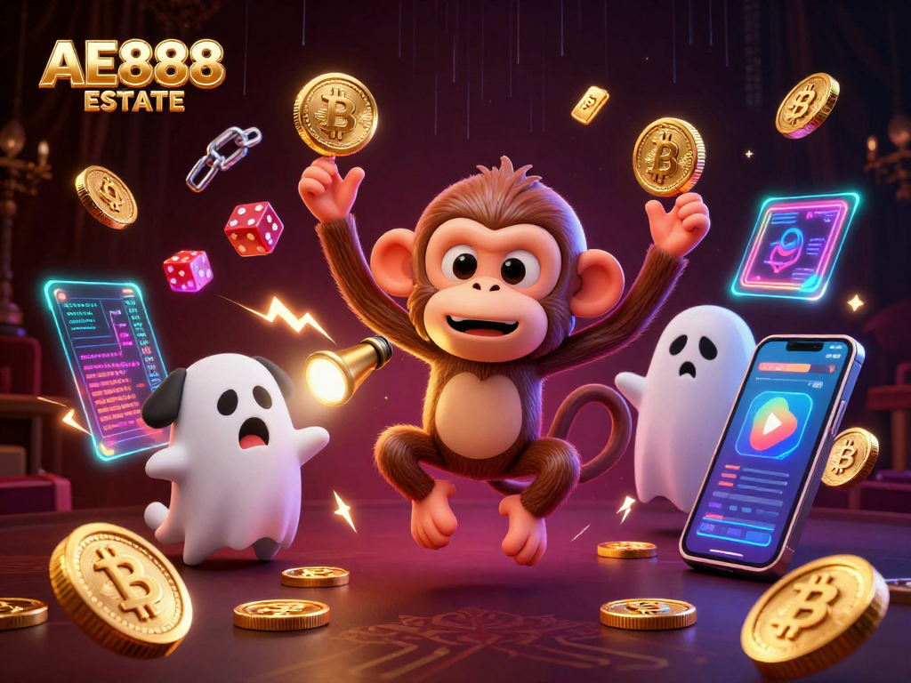 Experience the dynamic world of AE888 ESTATE with spirited characters in a vibrant casino.