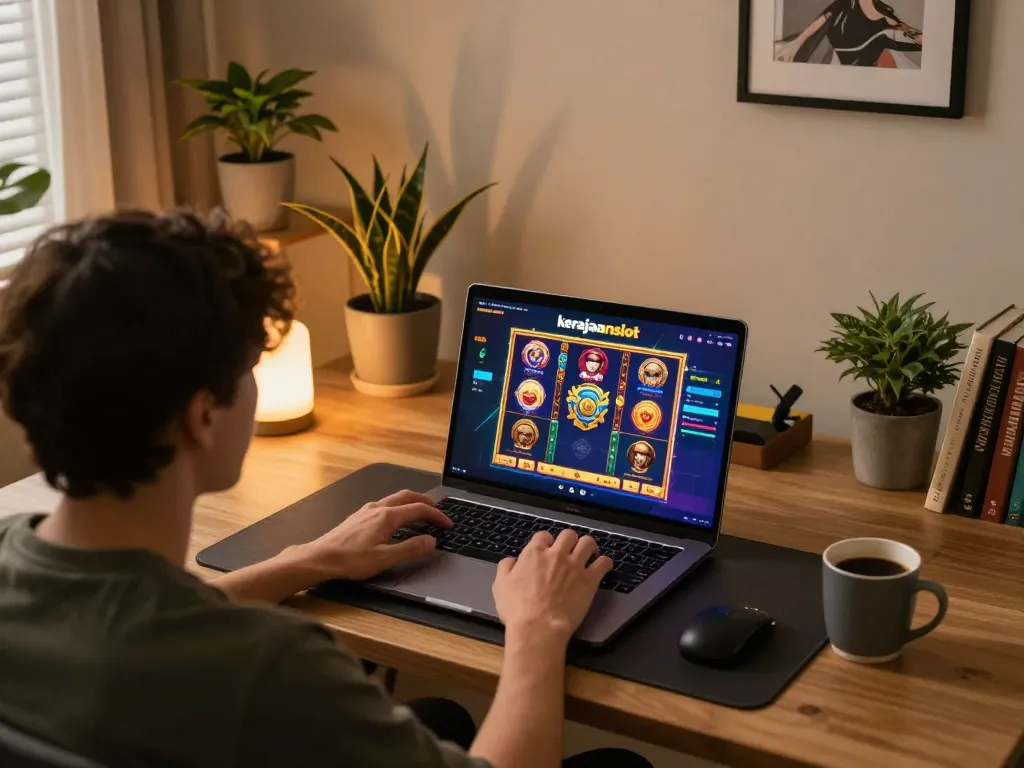 Engaging with kerajaanslot on a sleek laptop while enjoying a cozy home gaming setup