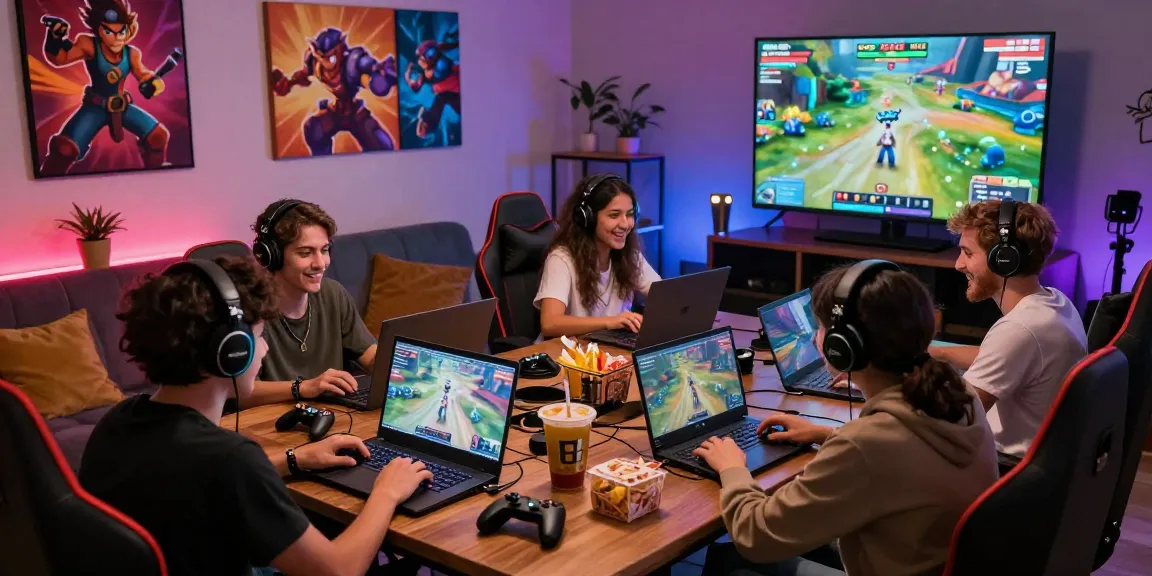 Pengalaman bermain GGSOFT di ruang bermain modern, dengan teman-teman menikmati permainan di laptop dan perangkat seluler.