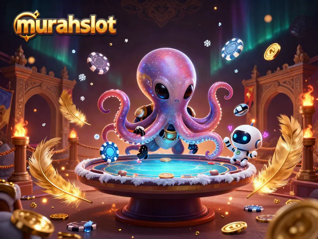 Mainkan permainan slot di murahslot dengan karakter unik dan elemen menarik yang mengelilingi meja kasino holografik.