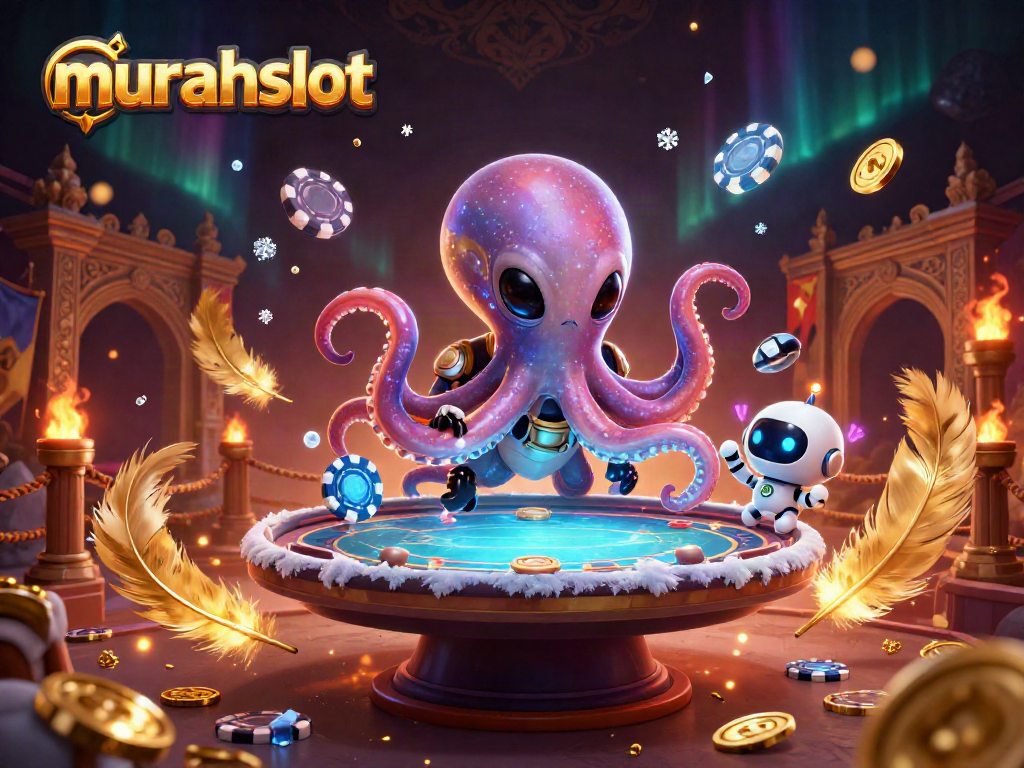 Mainkan permainan slot di murahslot dengan karakter unik dan elemen menarik yang mengelilingi meja kasino holografik.