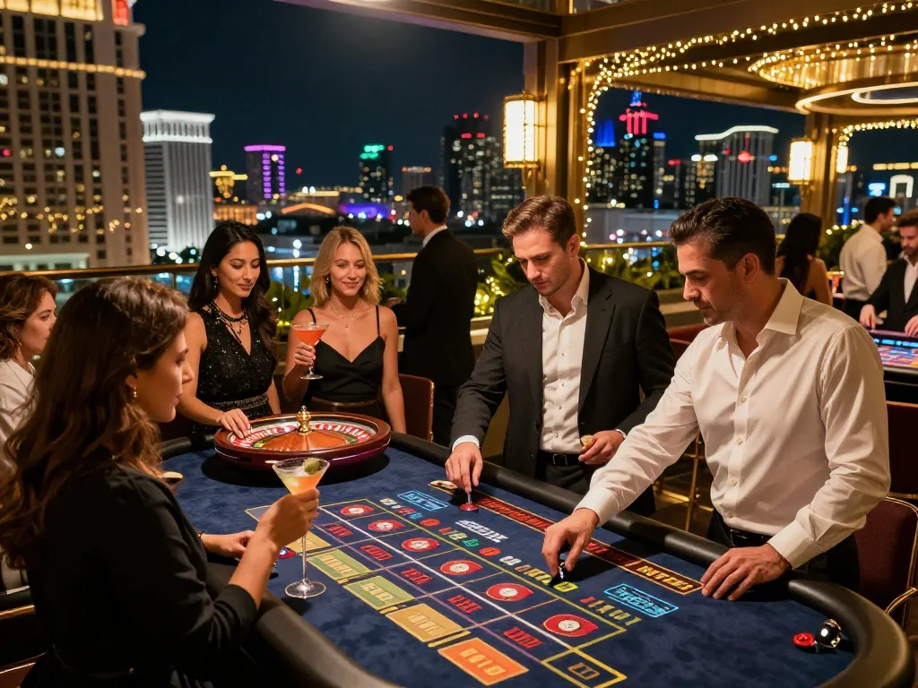 KADAL 778 players enjoy thrilling outdoor gaming at a luxury casino terrace with city skyline