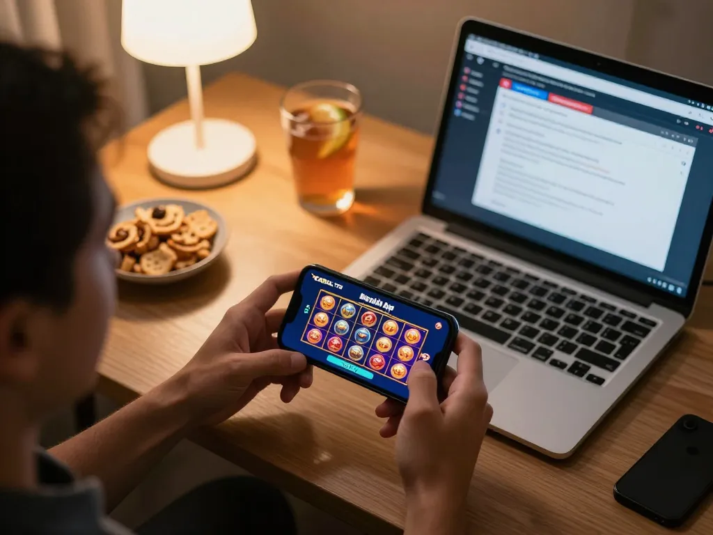 KADAL 778 player enjoying online slots on smartphone at home, showcasing modern gaming setup