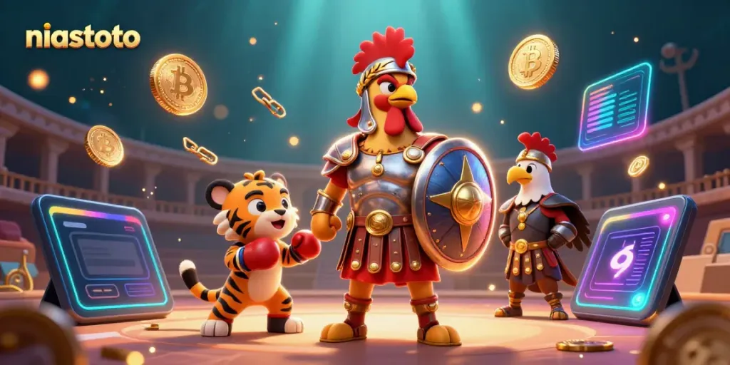 NIASTOTO enhances excitement with a gladiator rooster, tiger cub, and eagle standard in a dynamic casino scene.