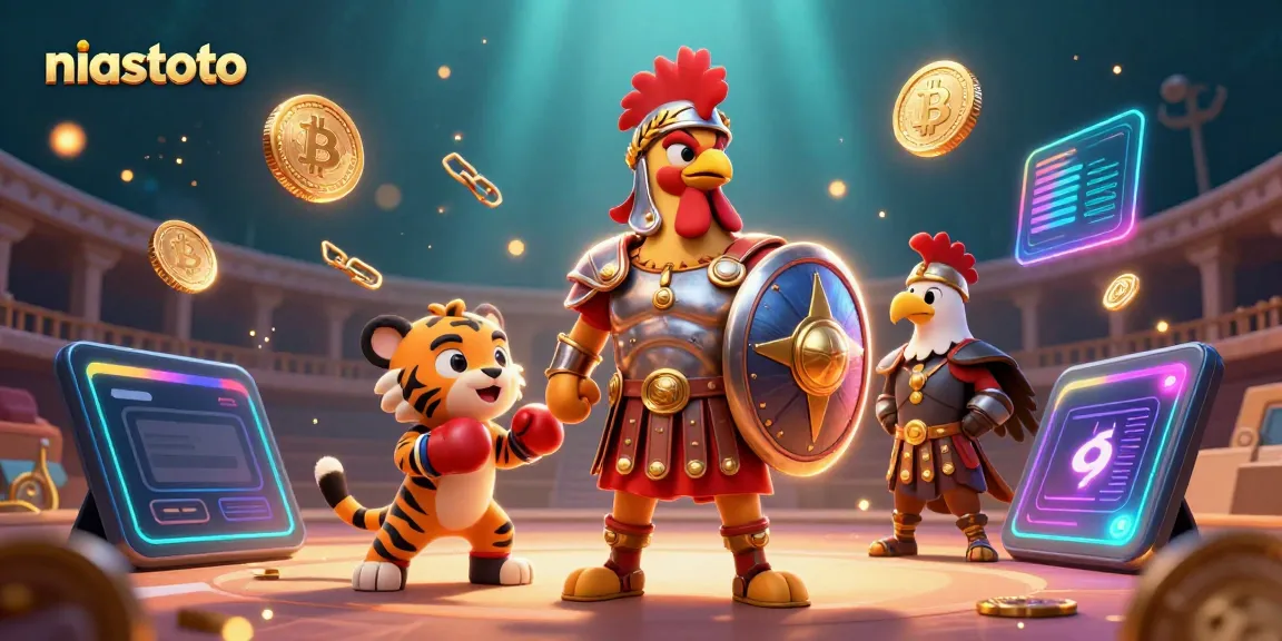 NIASTOTO enhances excitement with a gladiator rooster, tiger cub, and eagle standard in a dynamic casino scene.