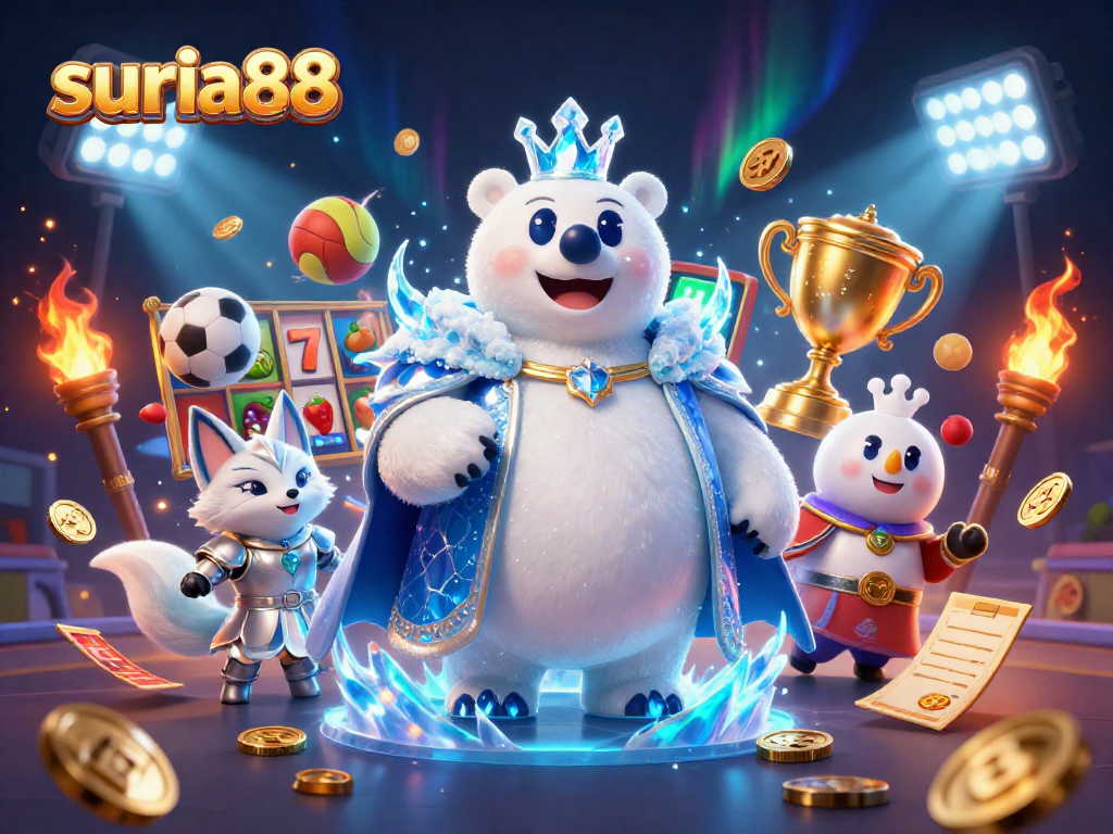 Experience thrilling wins with suria88 in this captivating gaming scene featuring cartoon characters and slot elements.
