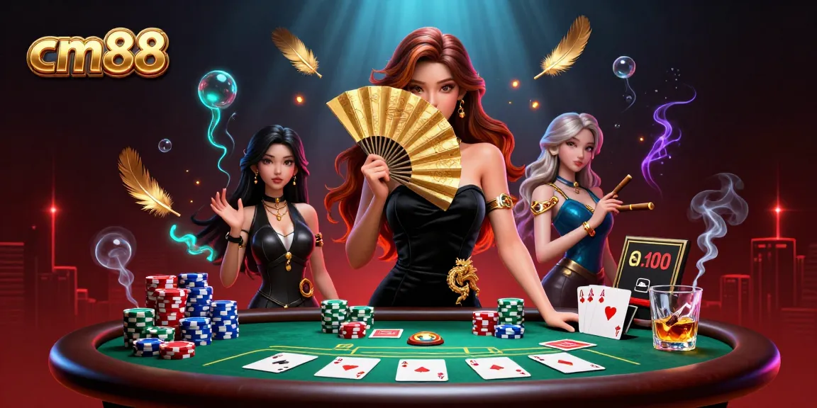 Engage with cm88's thrilling poker scene featuring a stunning dealer amidst vibrant chips and glowing ambiance.