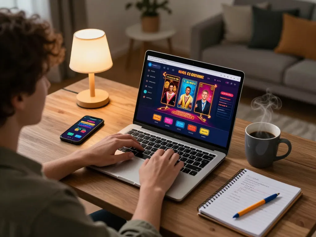 Engage in strategic online gaming with link ga28 showcased on laptop, vibrant casino graphics in view.