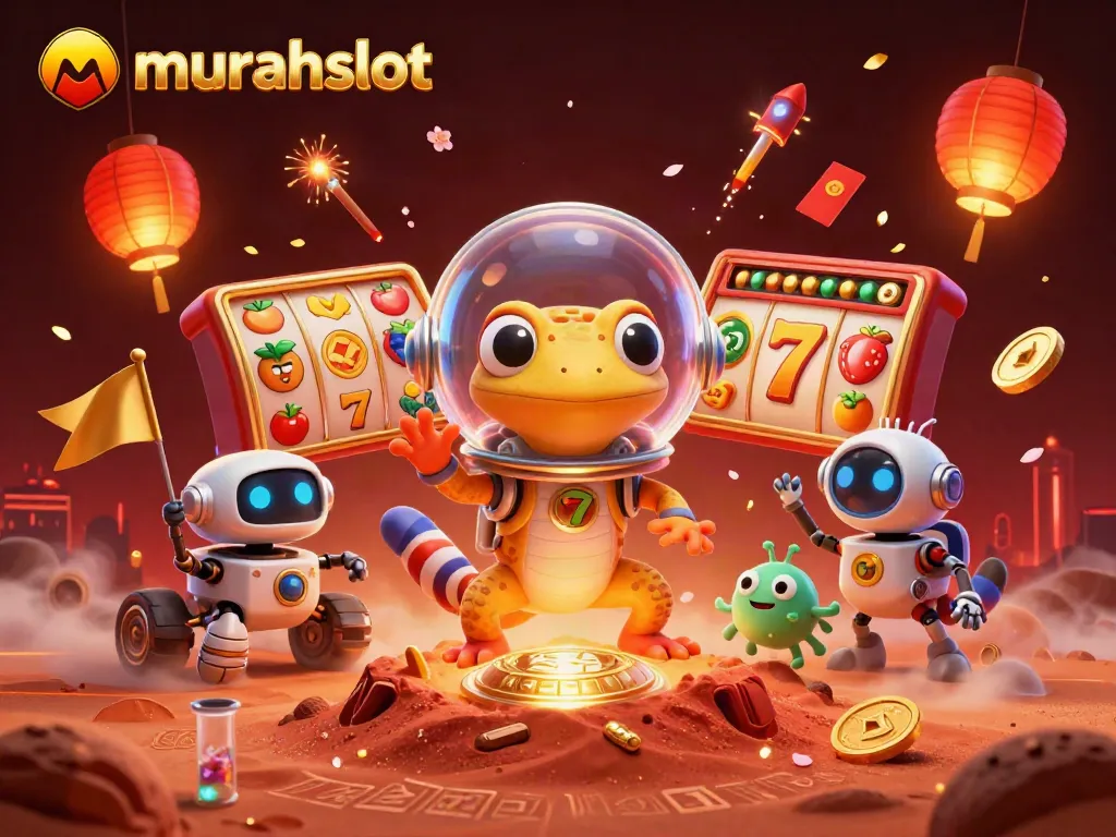 Experience the thrill of murahslot with vibrant 3D elements showcasing colorful slot reels and a golden casino scene.