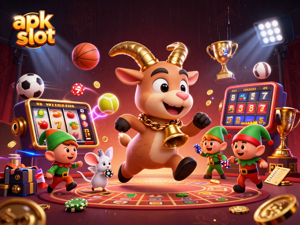 Menghasilkan apk slot yang mendebarkan dalam ilustrasi kasino berwarna-warni dengan elemen karakter kartun 3D.