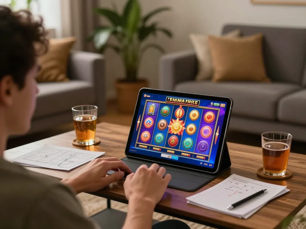 Engaging with online slot thailand games on a cozy home tablet setup.