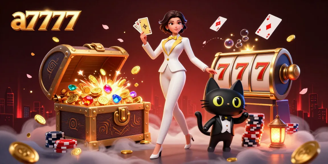 Engage in thrilling gameplay with a7777's glamorous casino scene featuring a card-shuffling heroine and charming cat.