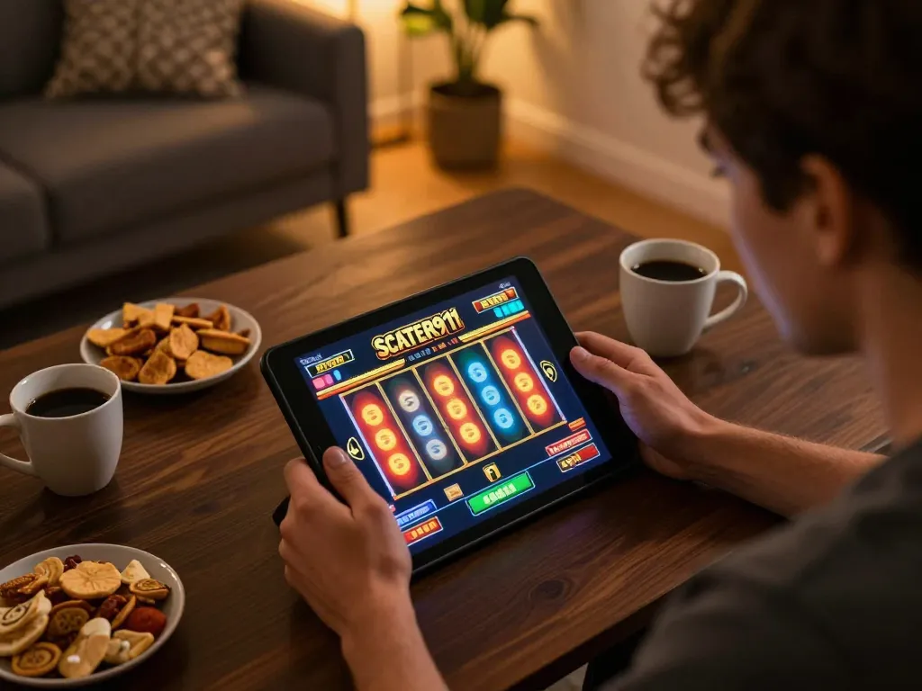 SCATTER911 player enjoying online slot game with tablet in cozy home environment.