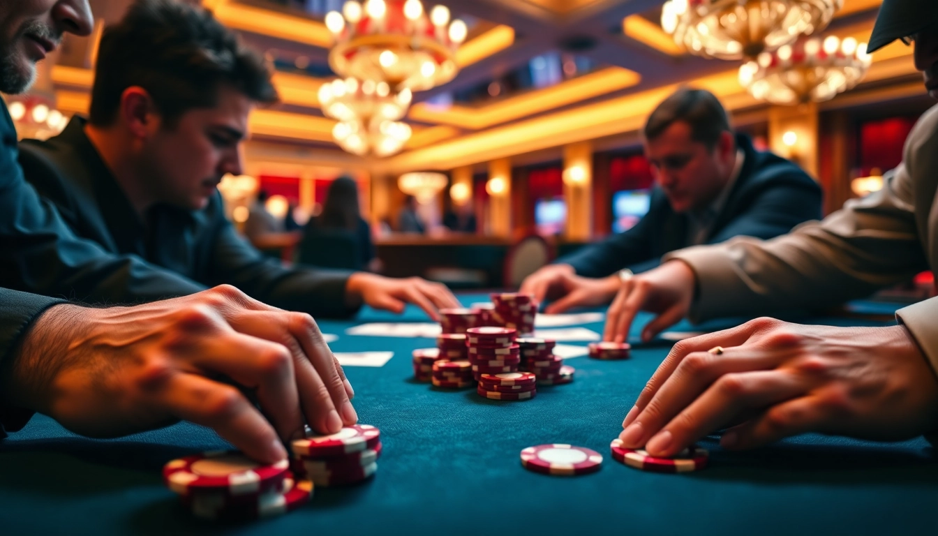 Permainan poker intens di Nemo69, menampilkan pemain yang fokus dengan suasana kasino.