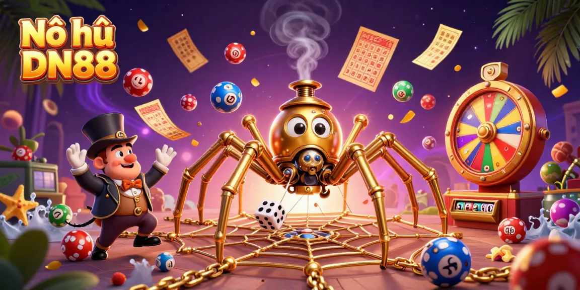 Nổ hũ DN88 vibrant 3D illustration with a steampunk spider, playing dice, and colorful gaming elements