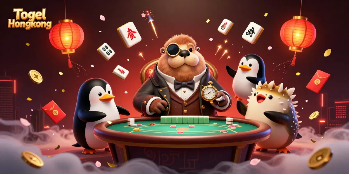 Togel Hongkong illustration featuring a jolly walrus at a poker table amidst festive elements.